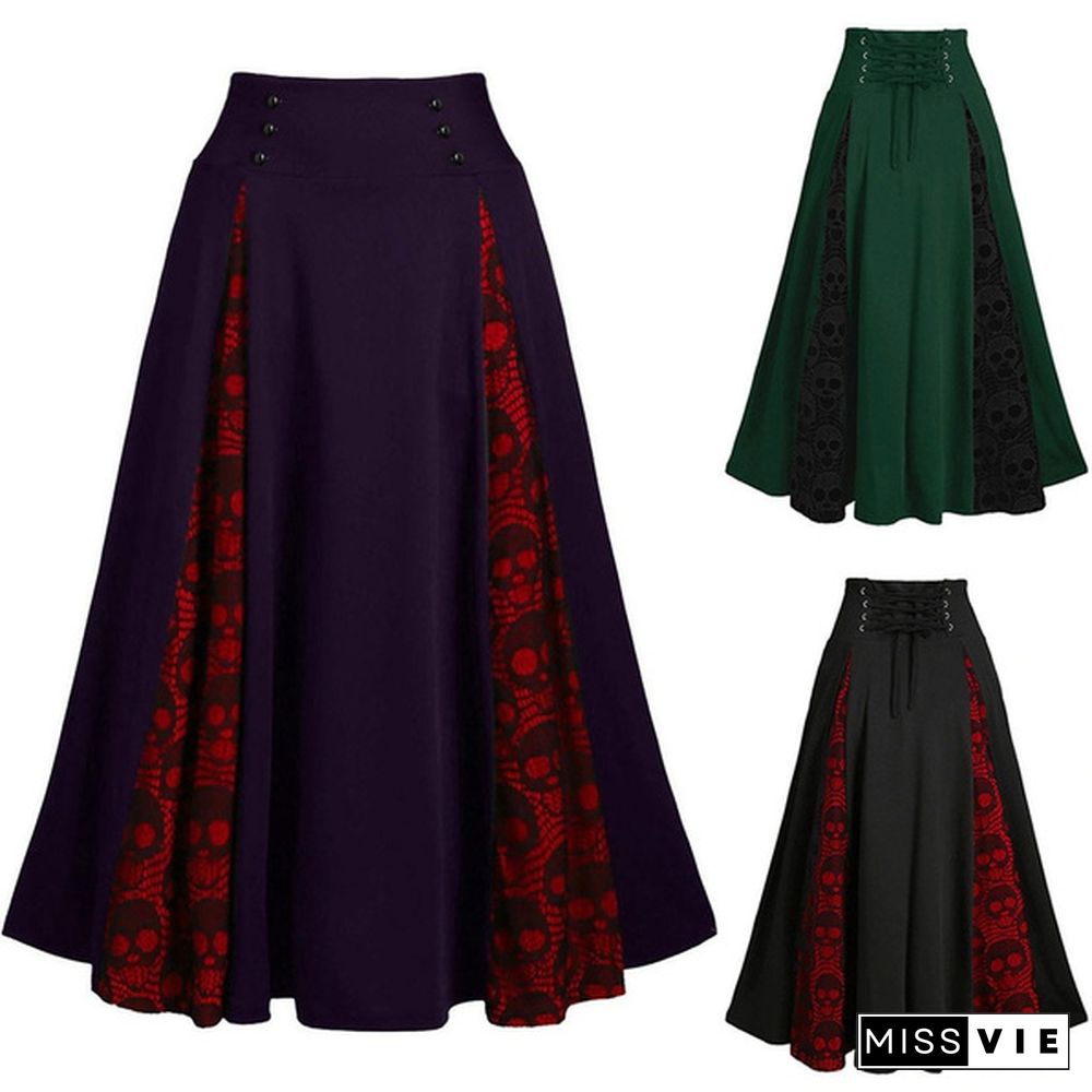 Women Plus Size Lace Patchwork High Waist Midi Skirt Gothic Pleated Skirt