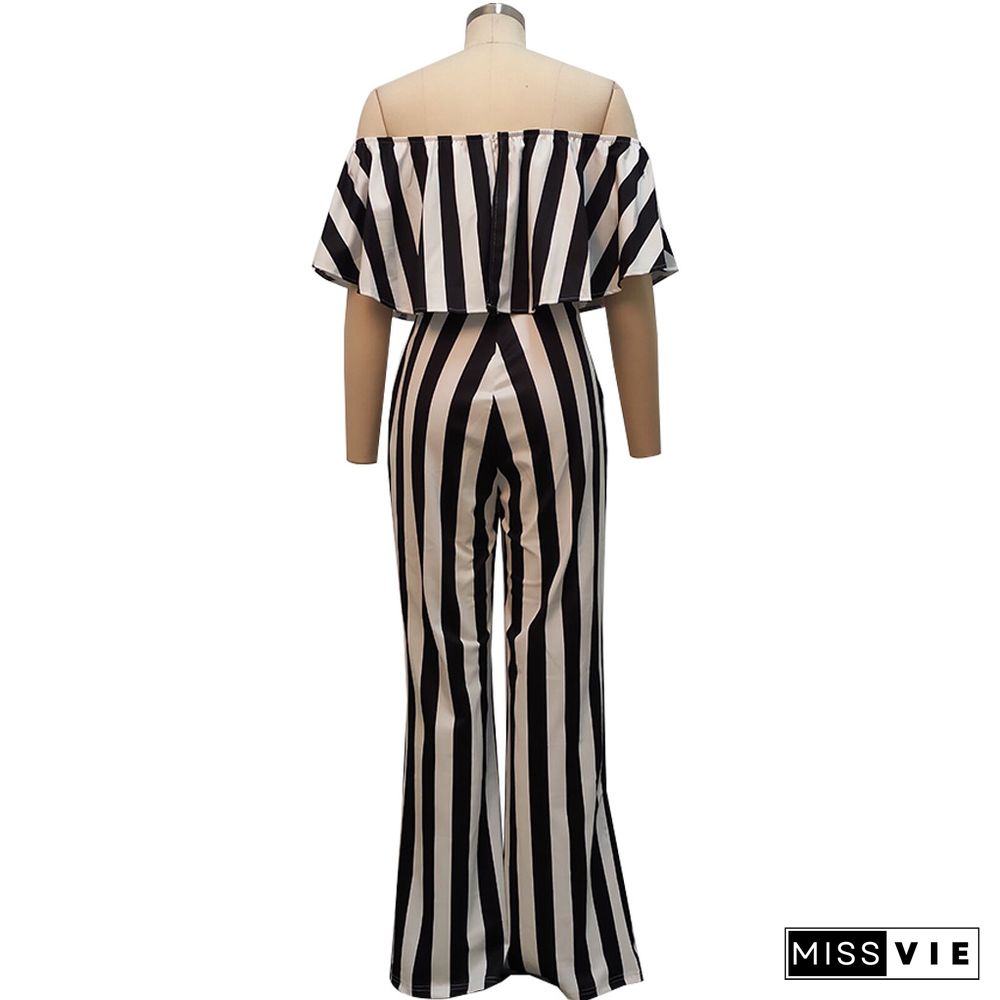 Striped Off Shoulder Wide Leg Jumpsuits