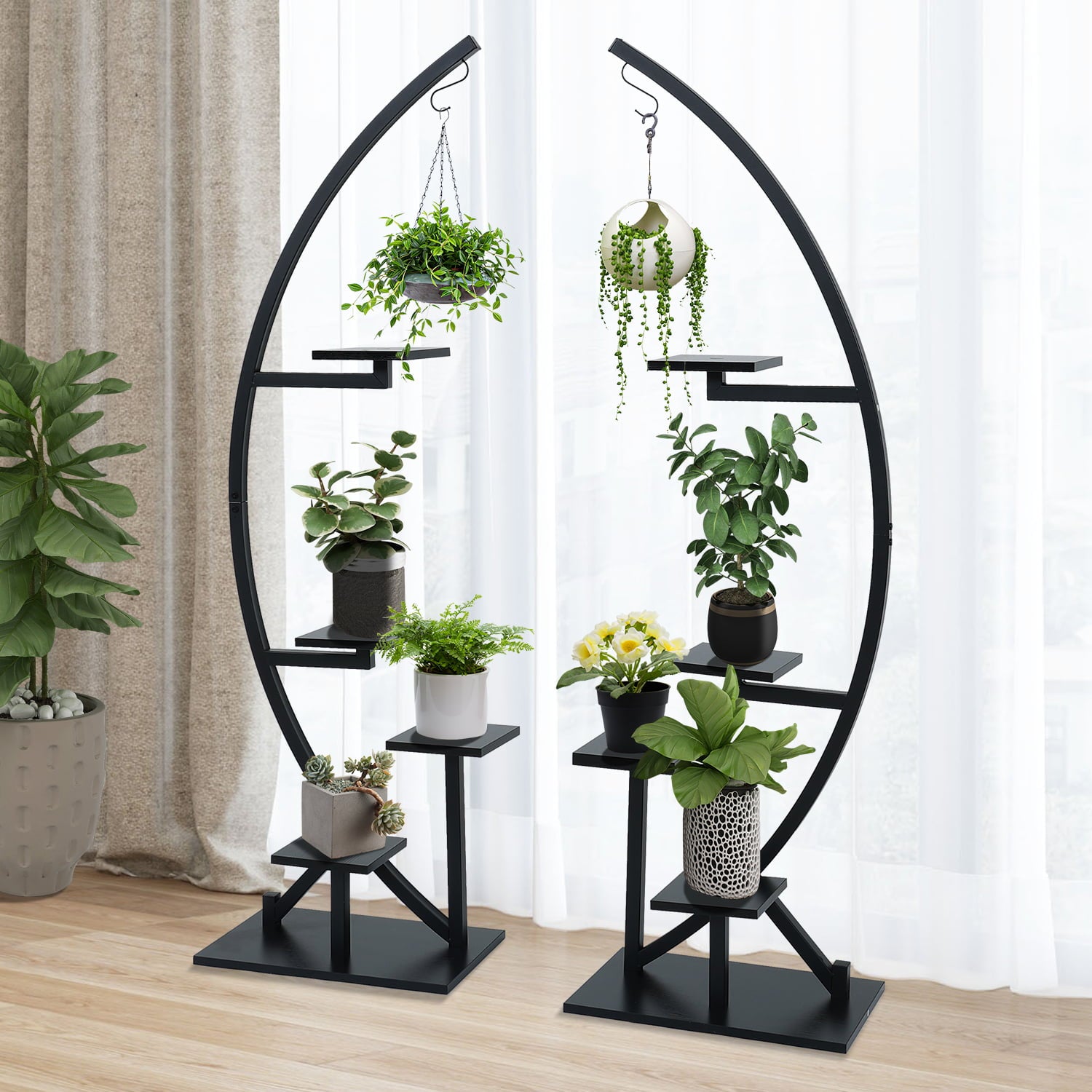 ELECWISH Plant Stand Indoor Plant Shelf Stand Half Moon Plant Stands Multi-Purpose Curved Metal Display Rack for Living Room, Garden, Patio(Black 2 Pack)