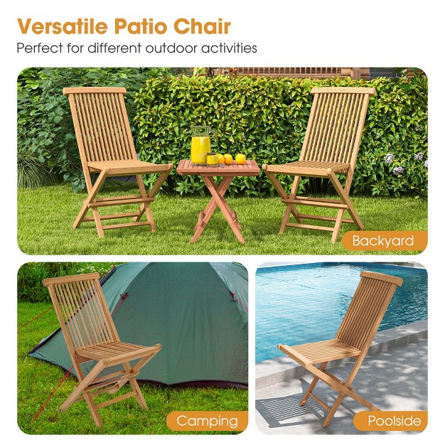 Costway 2 Pcs Patio Folding Chair Teak High Back Dining Slatted Seat Portable Outdoor