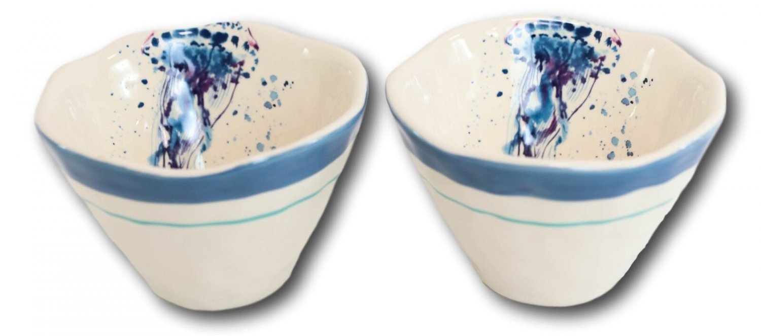 1 Nautical Blue And White Jellyfish Cereal Small Rice Soup Ceramic Bowls Pack Of 2 EBR02