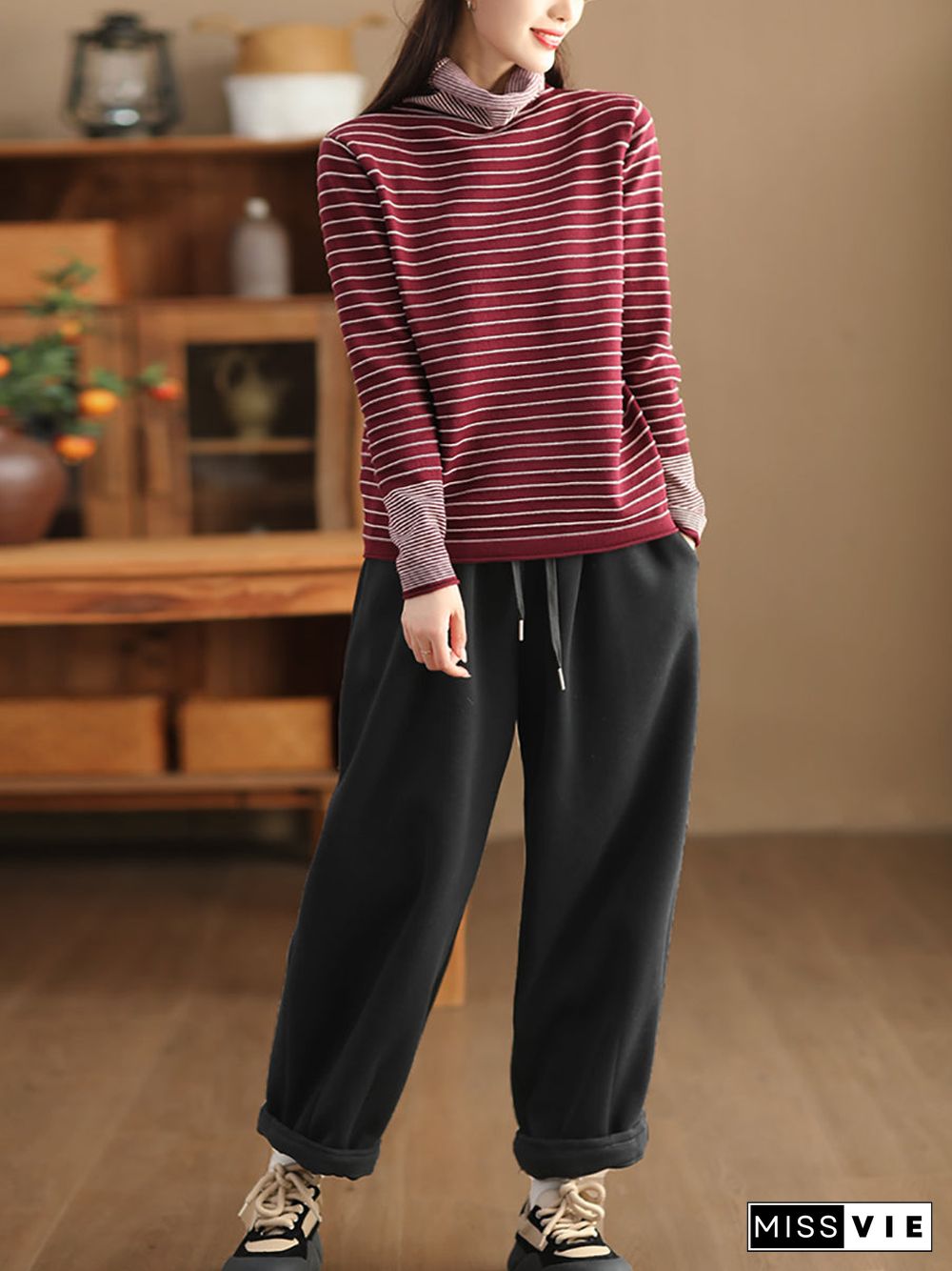 Women Casual Stripe Spliced Turtleneck Warm Sweatshirt