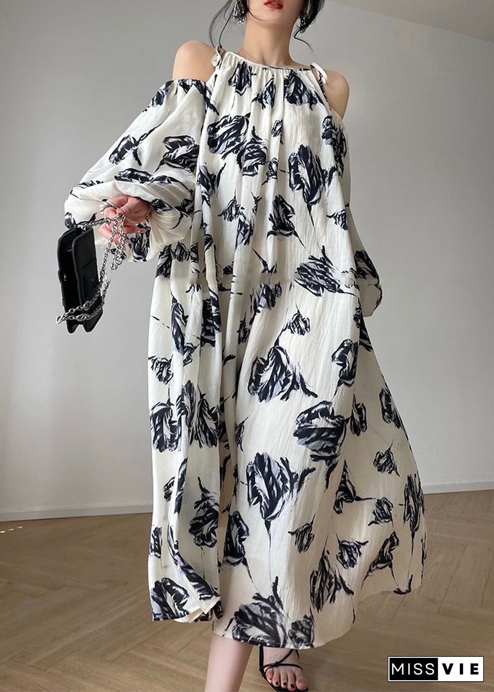 Casual Slash neck Print Maxi Dresses Puff Sleeve