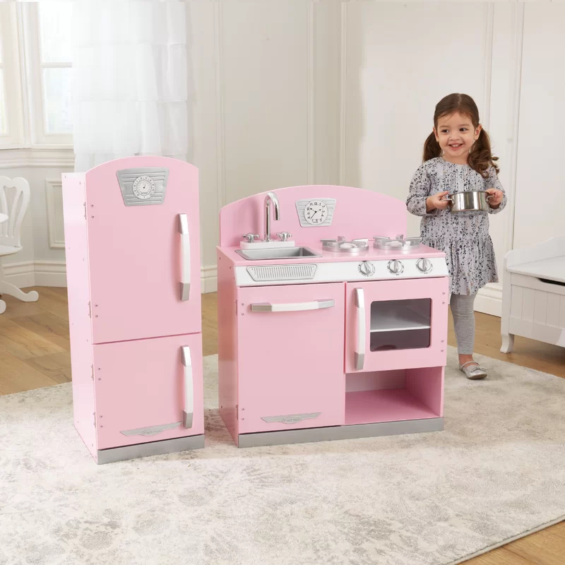 KidKraft Retro Wooden Play Kitchen and Refrigerator 2-Piece Set with Faucet， Sink， Burners and Working Knobs， Pink， Gift for Ages 3+