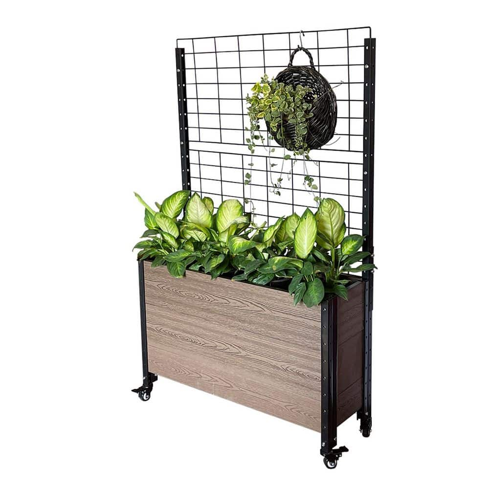 EverBloom 12 in. D x 57 in. H x 36 in. W Brown and Black Composite Mobile Deep Trough Planter Box Raised Garden Bed and Trellis K2121