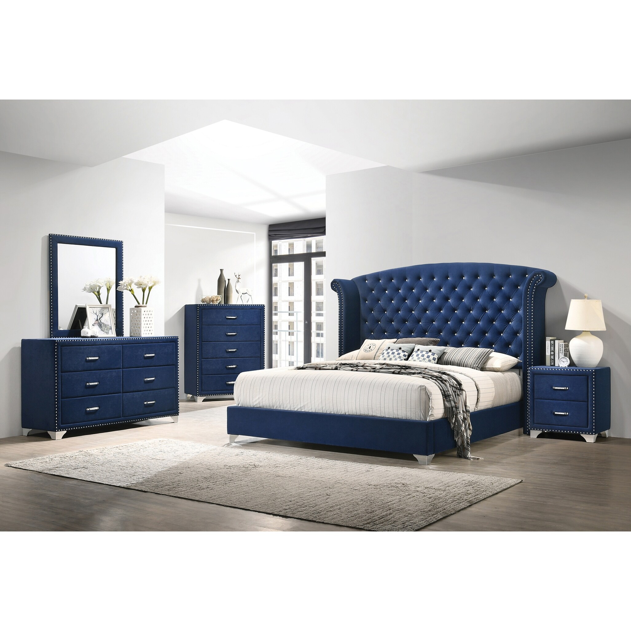 Chantel Pacific Blue 2-piece Upholstered Bedroom Set with Nightstand - - 34935872