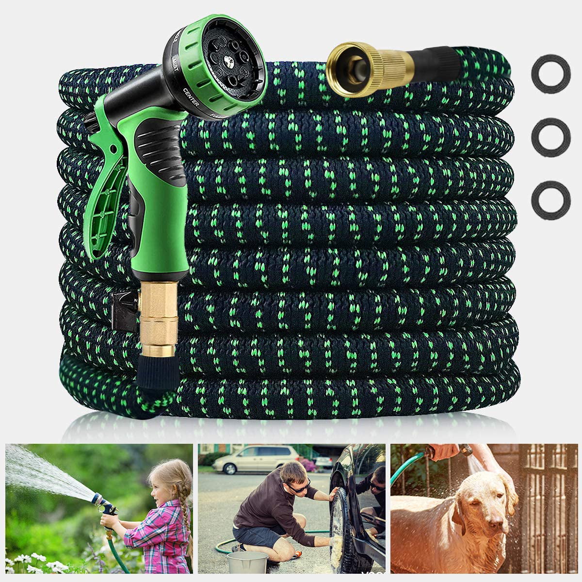 JUHEFA 100FT Garden Hose Expandable Hose with 10 Function Nozzle, Car Wash Hose with with Solid Fittings for Watering and Washing, Green