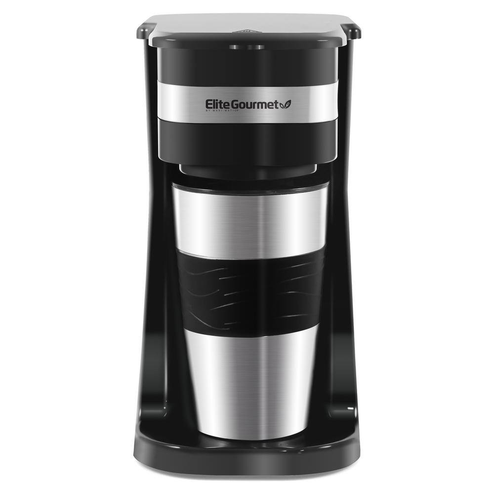 Elite Gourmet Single Serve 1-Cup Black Personal Drip Coffee Maker with Stainless Steel Travel Mug EHC111AX