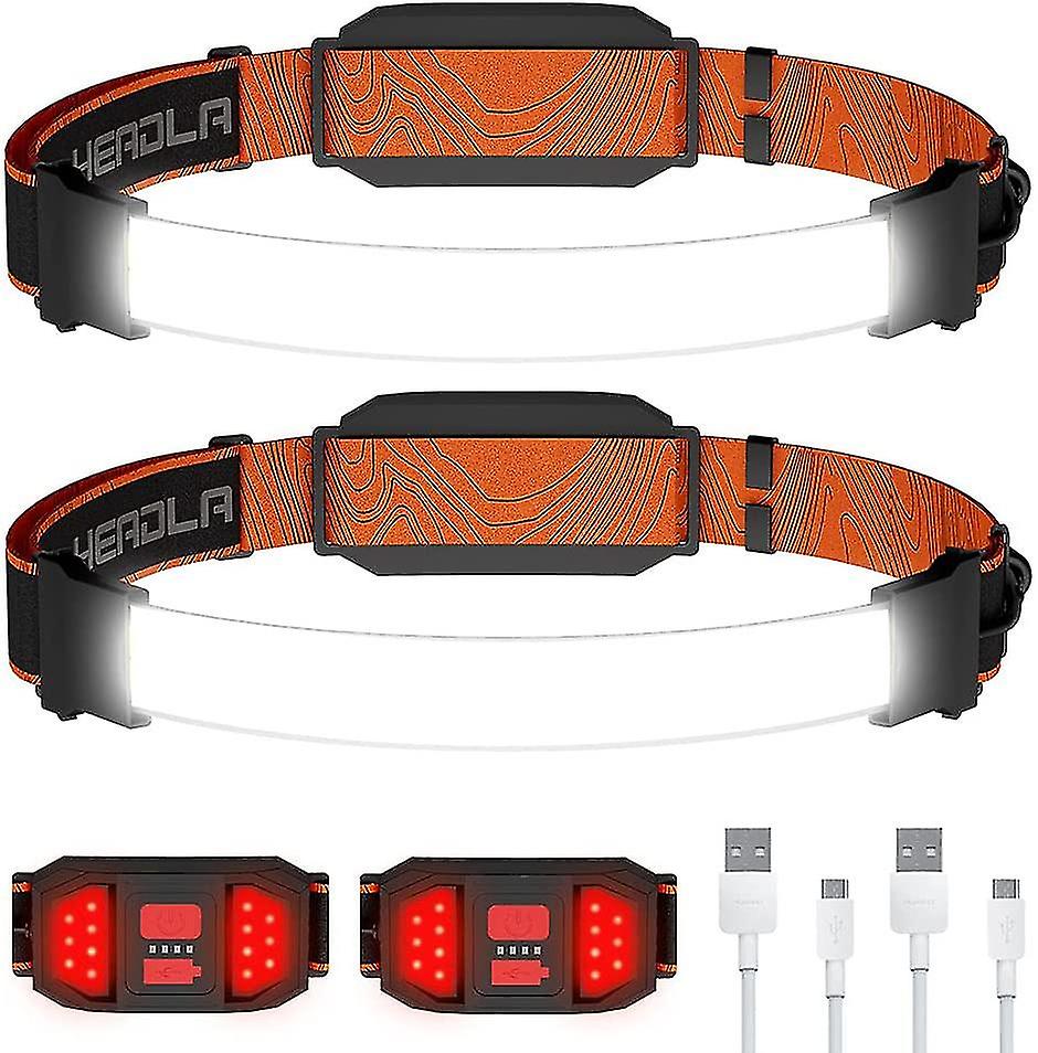 Headlamp Rechargeable， 2-pack Head Lamp Flashlight Broad Beam Usb Led Headlight With Red Safety Taillight Ultra Bright Hard Hat Light Head Light