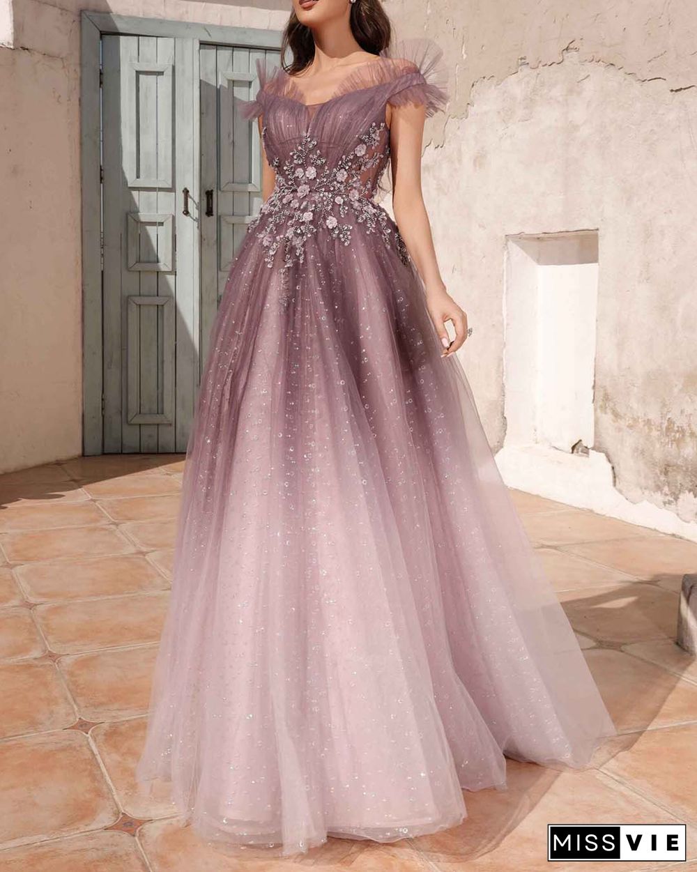 Sequined Floral Beaded Ombre Tulle Dress Gown