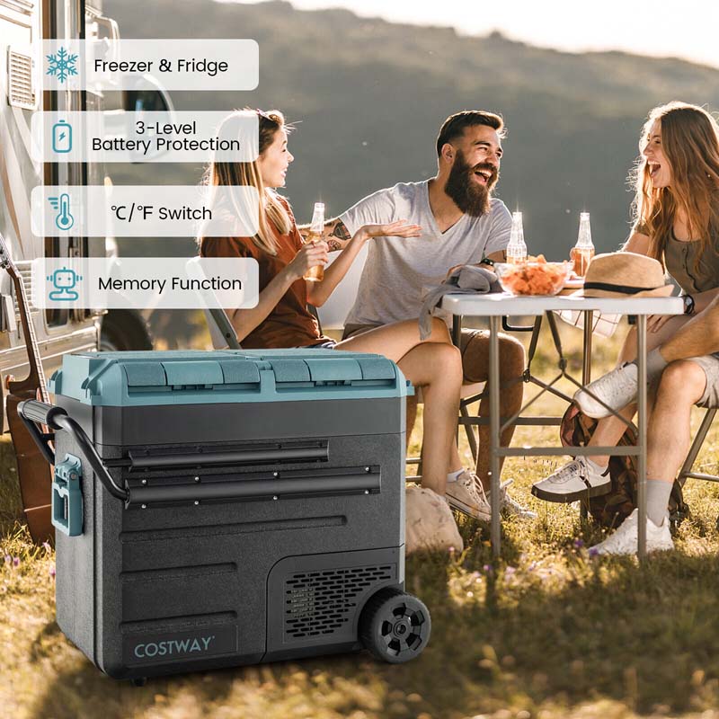 61-Quart Dual-zone Car Refrigerator with Wheels, 12V/24V DC & 100-240V AC Portable Car Fridge Cooler Freezer