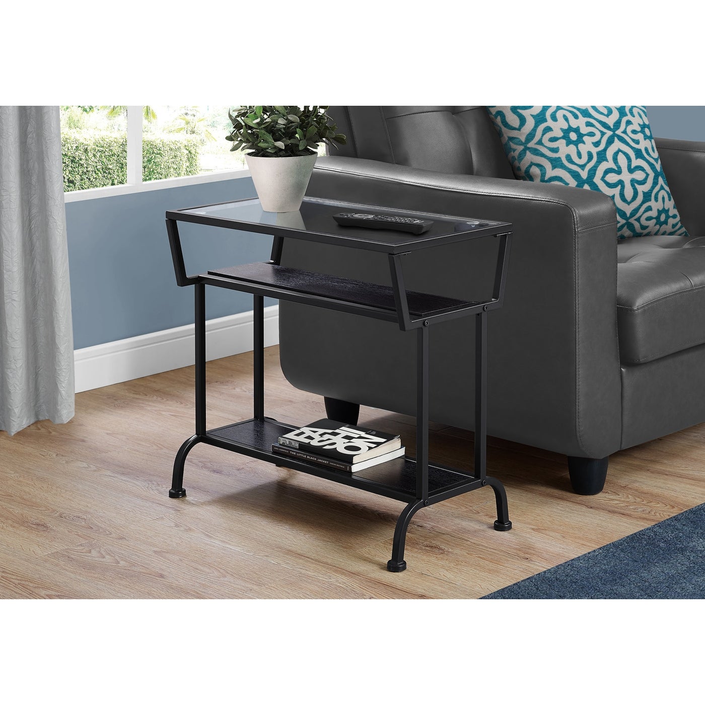 Cappuccino Black Metal 22nch Accent Table w/ Tempered Glass - 24 L x 12 W x 22 H Inches