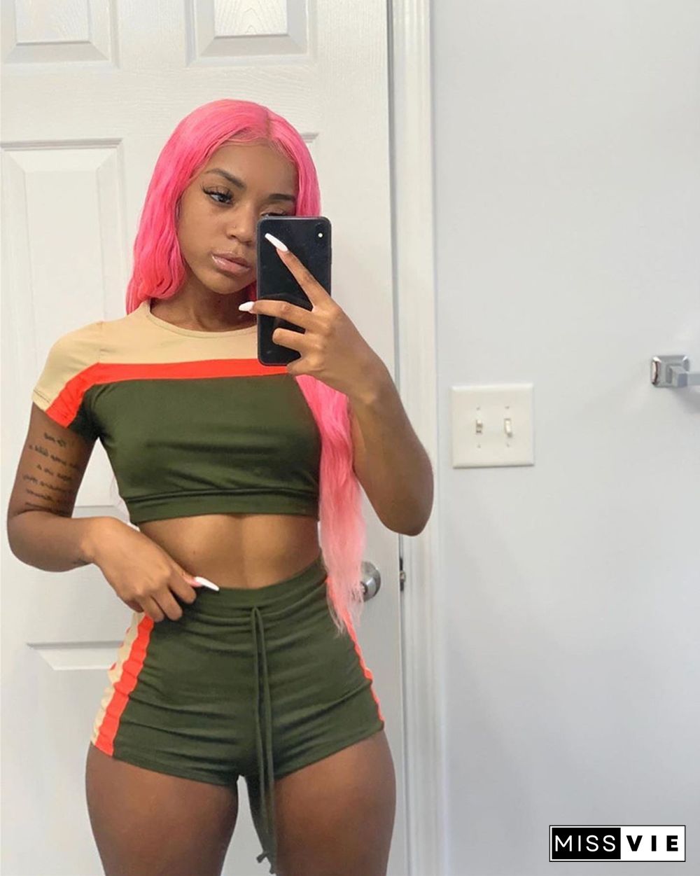 Color Block Short Sleeve Crop Top Biker Shorts Suit