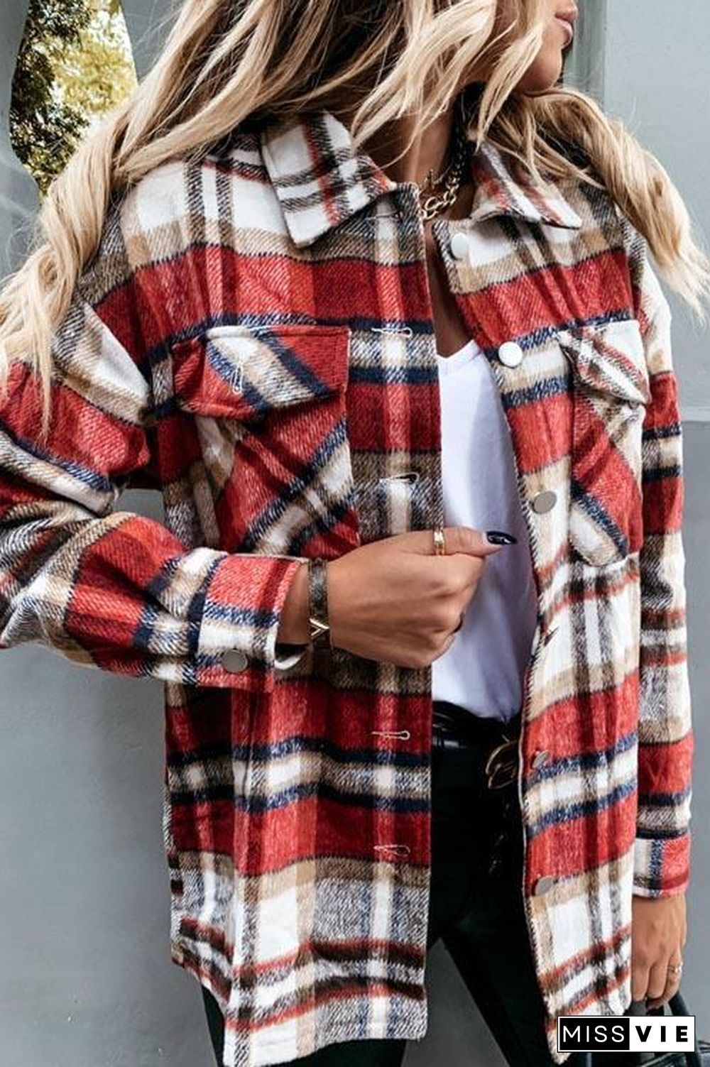 Woolen Lattice Big Pocket Shirt Coat