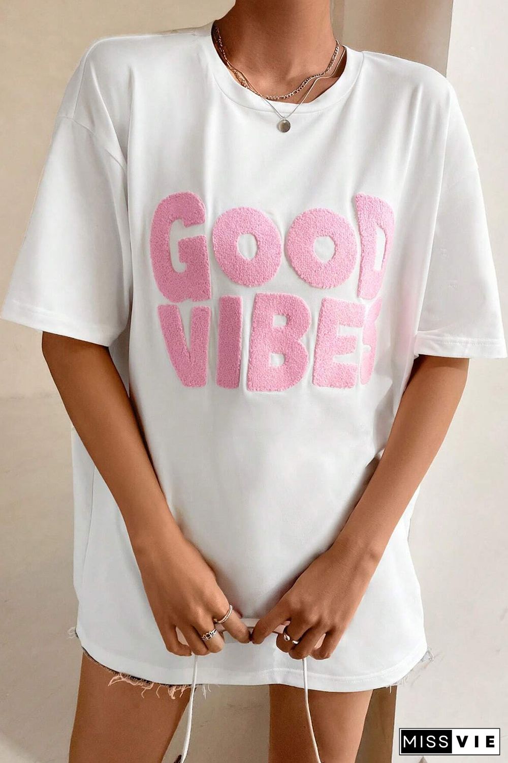 White GOOD VIBES Chenille Embroidered Crewneck T Shirt