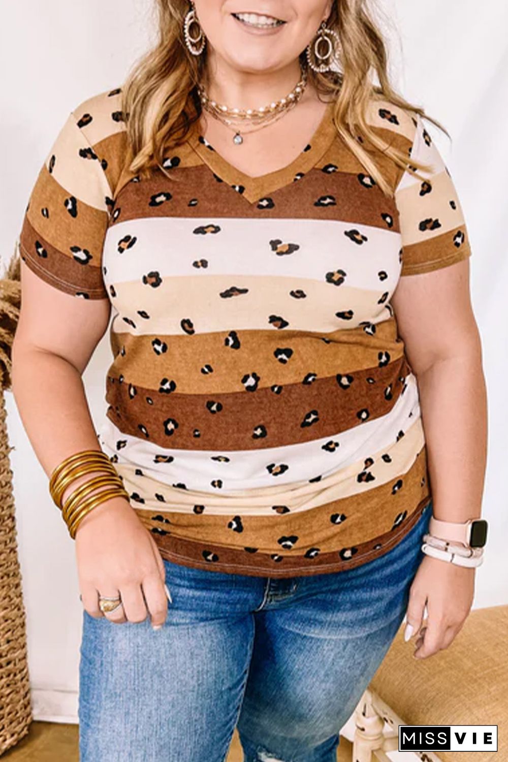 Leopard Color Block V Neck Plus Size T Shirt