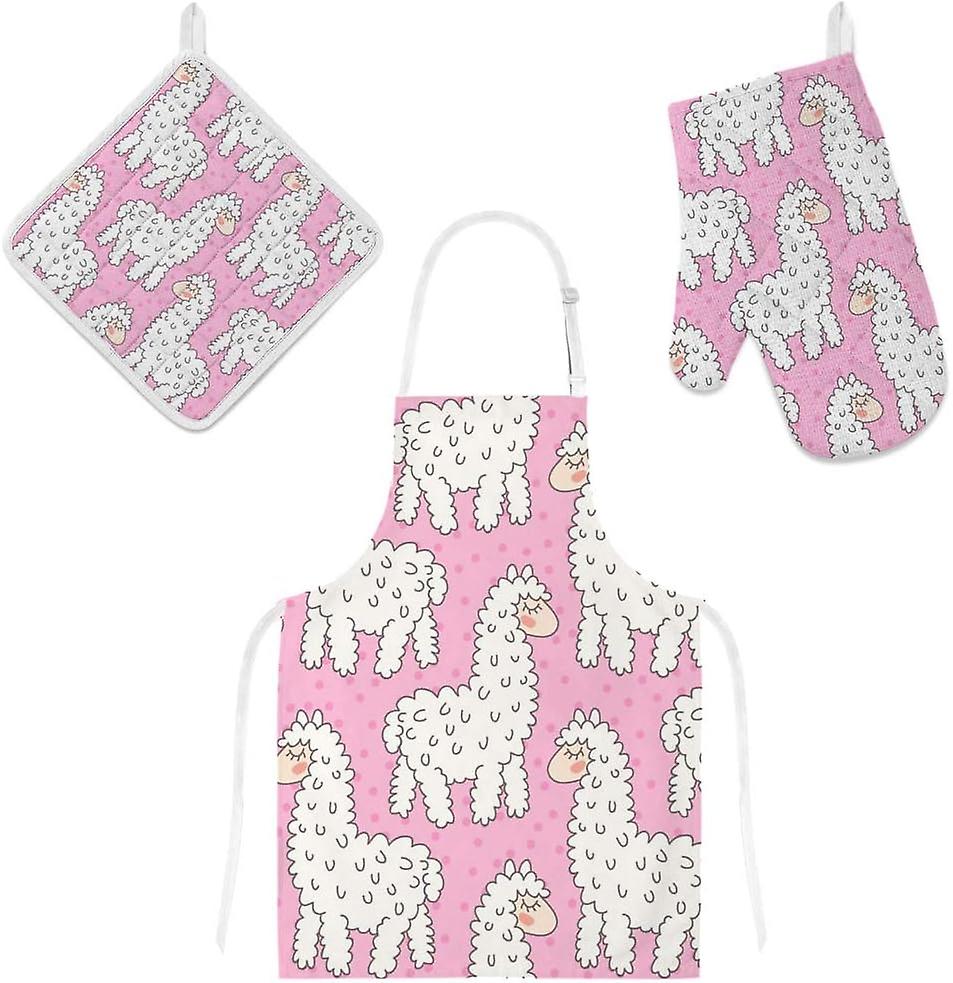 Insulation Kitchen Oven Mitts Potholder Apron 3pcs Set Cute Llama Alpaca On Pink Non Slip Heat Resistant Gloves For Baking Cooking Bbq