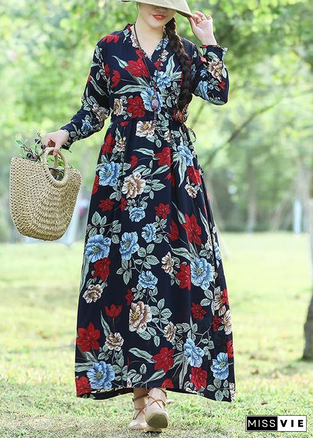 DIY blue cotton tunics for women Casual Shape prints cotton robes summer Dress