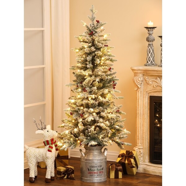 PreLit LED 5ft Snow Flocked Artificial Christmas Tree with Red Berries and Metal Pot