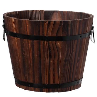 Gardenised Rustic Wooden Whiskey Barrel Planter with Durable Medal Handles and Drainage Hole - Small QI003236.S