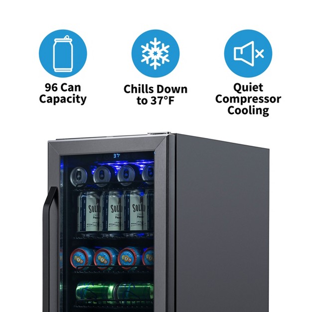 Built in 96 Can Beverage Fridge In Black Stainless Steel Adjustable Shelves Compact Drinks Cooler Bar Refrigerator