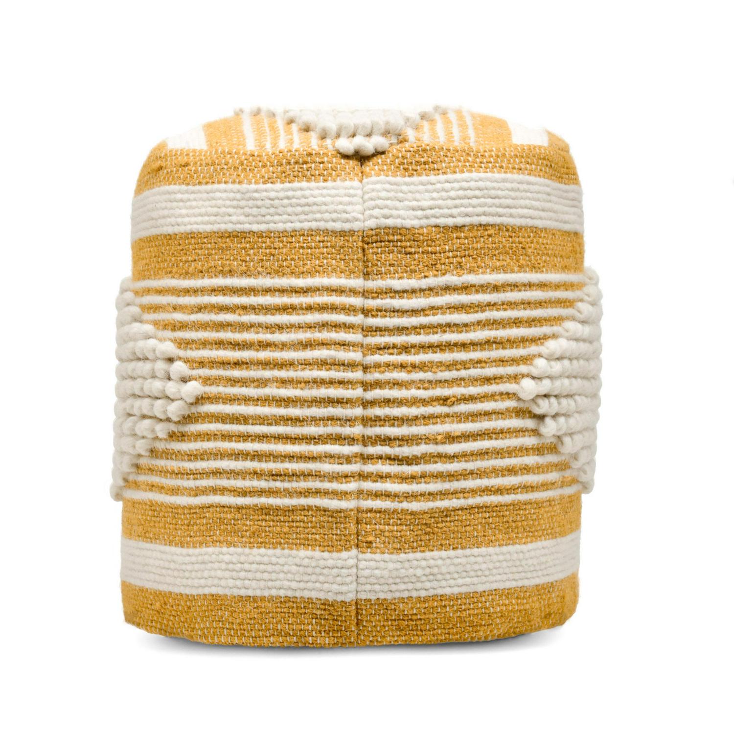 Noble House Volney Fabric Cylinder Pouf， White and Mustard Yellow