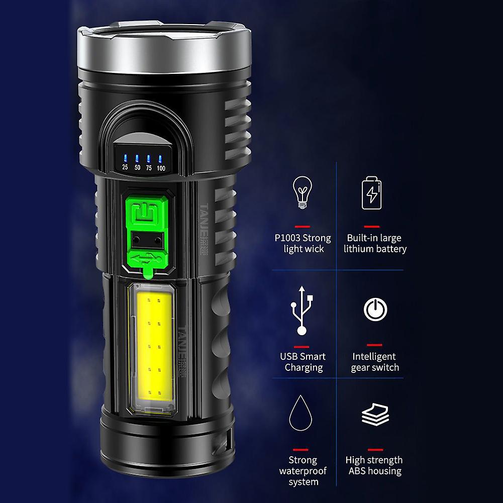 Strong Light Flashlight With Cob Side Light Usb Rechargeable Outdoor Portable Long-range Led Flashlight With 4 Modes Adjustable