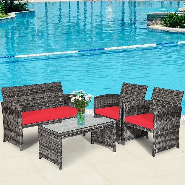 Tangkula 4 piece Outdoor Patio Furniture Set Rattan Wicker Conversation Sofa Set