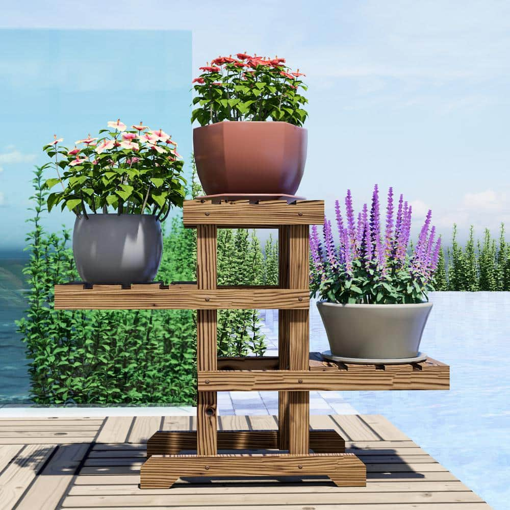 Patio Festival 19.69 in. x 27.95 in. x 9.45 in. IndoorOutdoor Natural Wood Plant Stand 3 Potted Plant Shelf Display Holder 3-Tier FD10018436