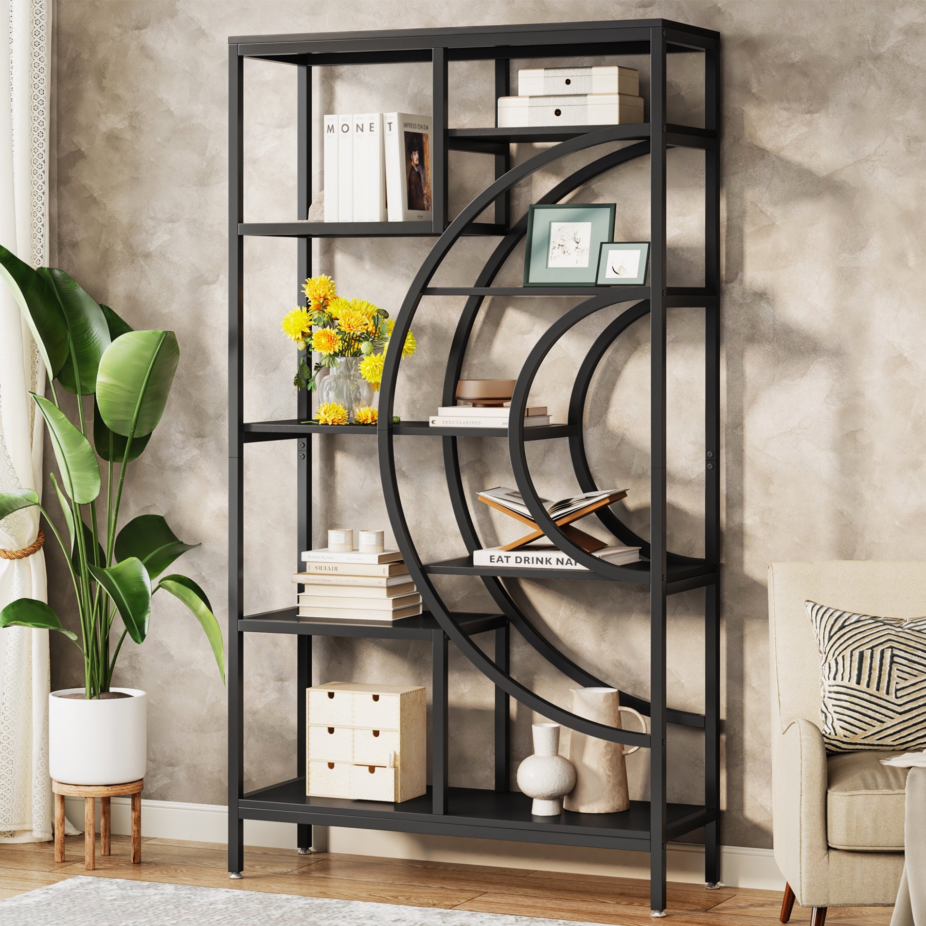 8-Tier Bookshelf, 71 Geometric Bookcase, Industrial Etagere Shelving Unit