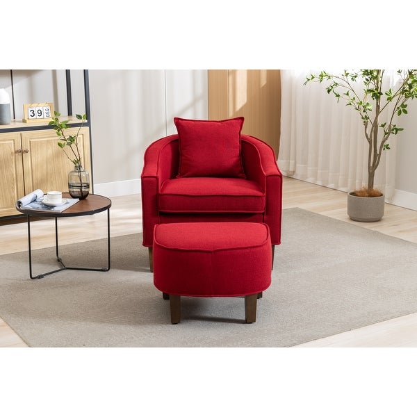 Modern Barrel Chair Mid Century Upholstered Accent Chair Round Arms Chair with Ottoman， Red