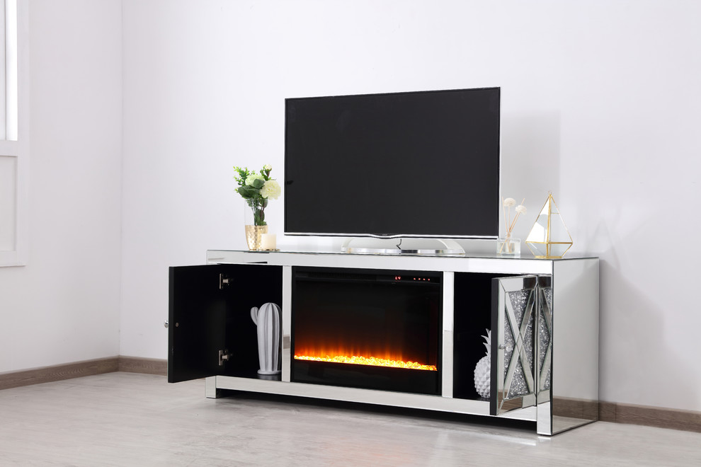 Crystal Mirrored TV Stand With Fireplace Insert   Contemporary   Entertainment Centers And Tv Stands   by Elegant Furniture  ampLighting  Houzz