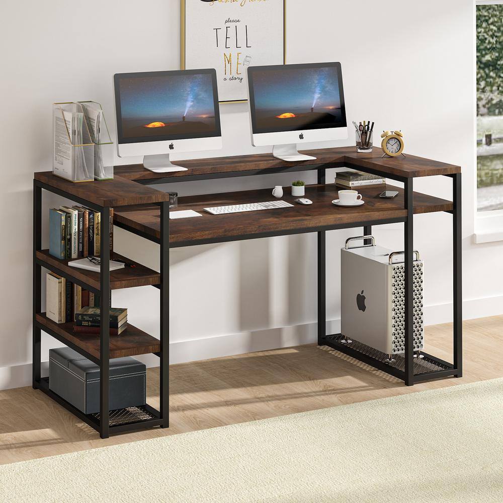 TRIBESIGNS WAY TO ORIGIN Heidi 63 in. Rectangular Black Metal Brown Particle Board Wood Computer Desk with Storage Shelves Monitor Printer Stand HD-F1352