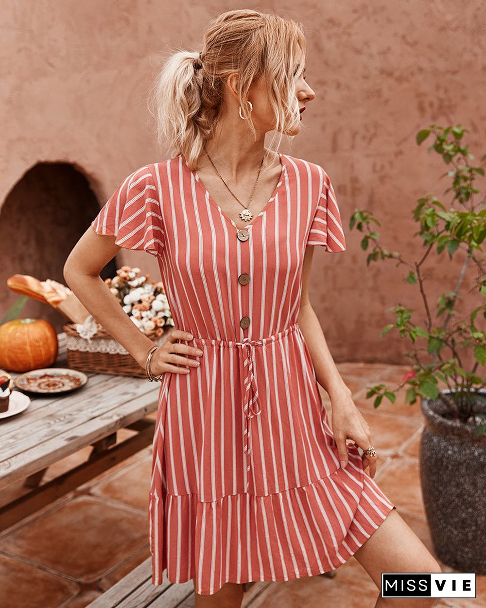 Short Sleeve Striped Short Dress