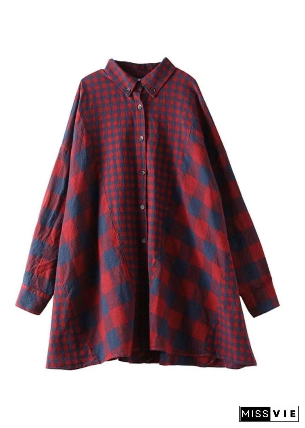 Classy Red Oversized Patchwork Plaid Cotton Shirt Dress Fall