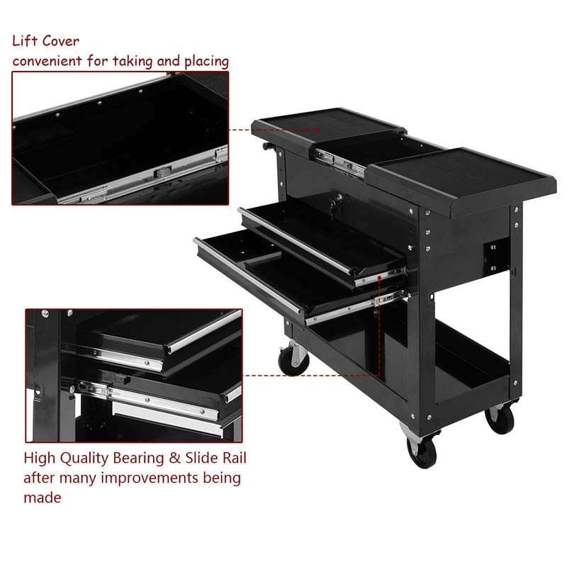 Portable Rolling Tool Cart 2-Drawer Tool Storage Cabinet Metal Toolbox Organizer with Slide Top