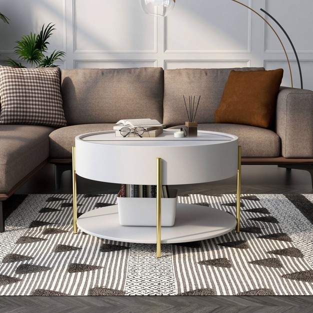 Lenvine Modern Round Storage Coffee Table White Mibasics