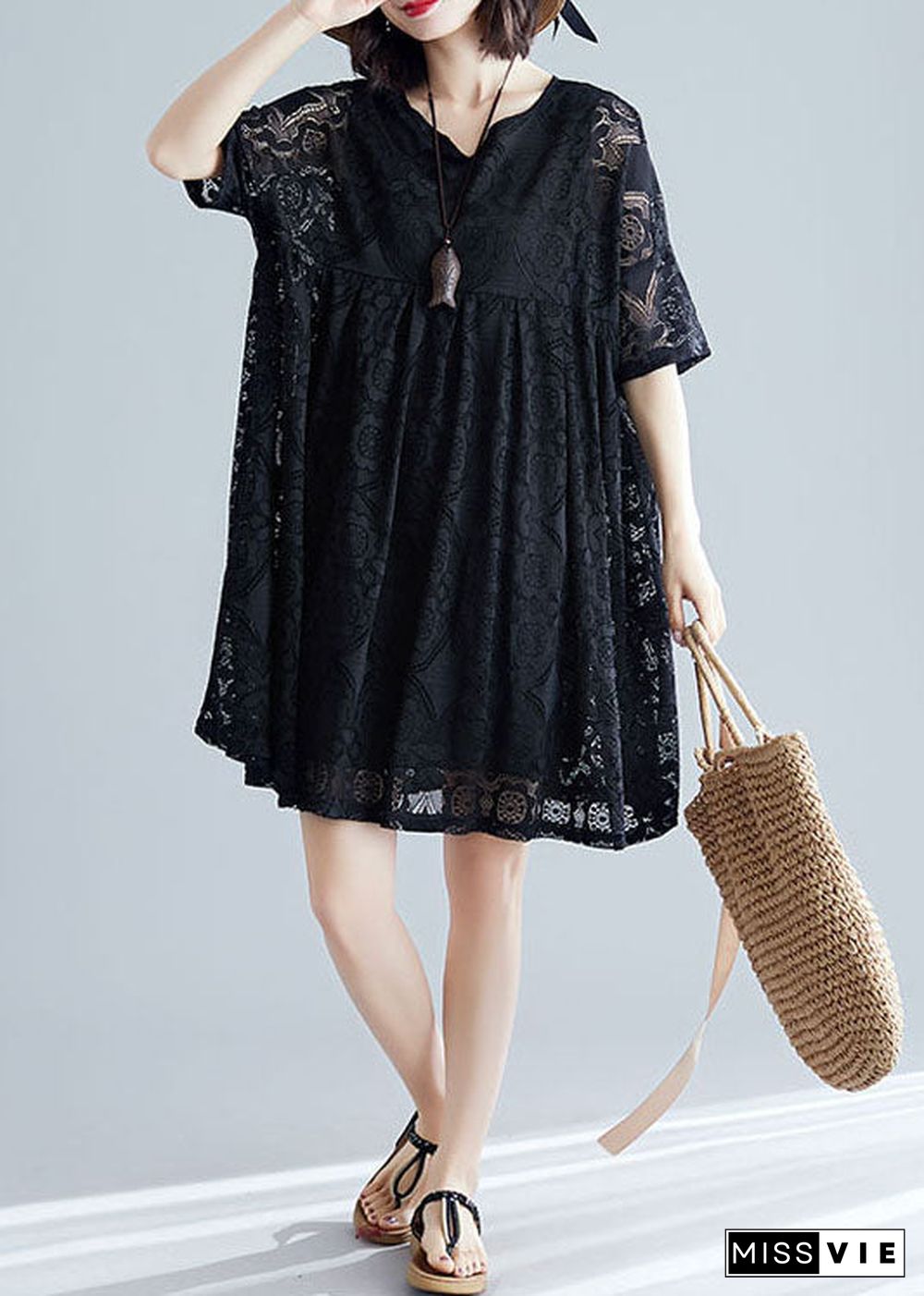 Black V Neck Wrinkled Exra Large Hem Lace A Line Dress Short Sleeve