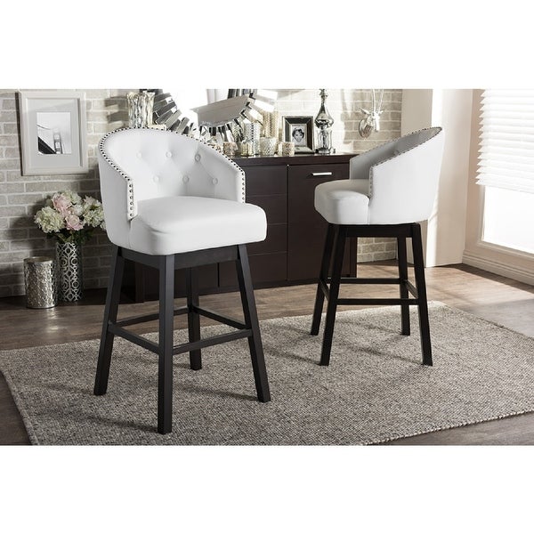 Avril Modern and Contemporary White Faux Leather Tufted Swivel Barstools with Nailhead Trim， Set of 2