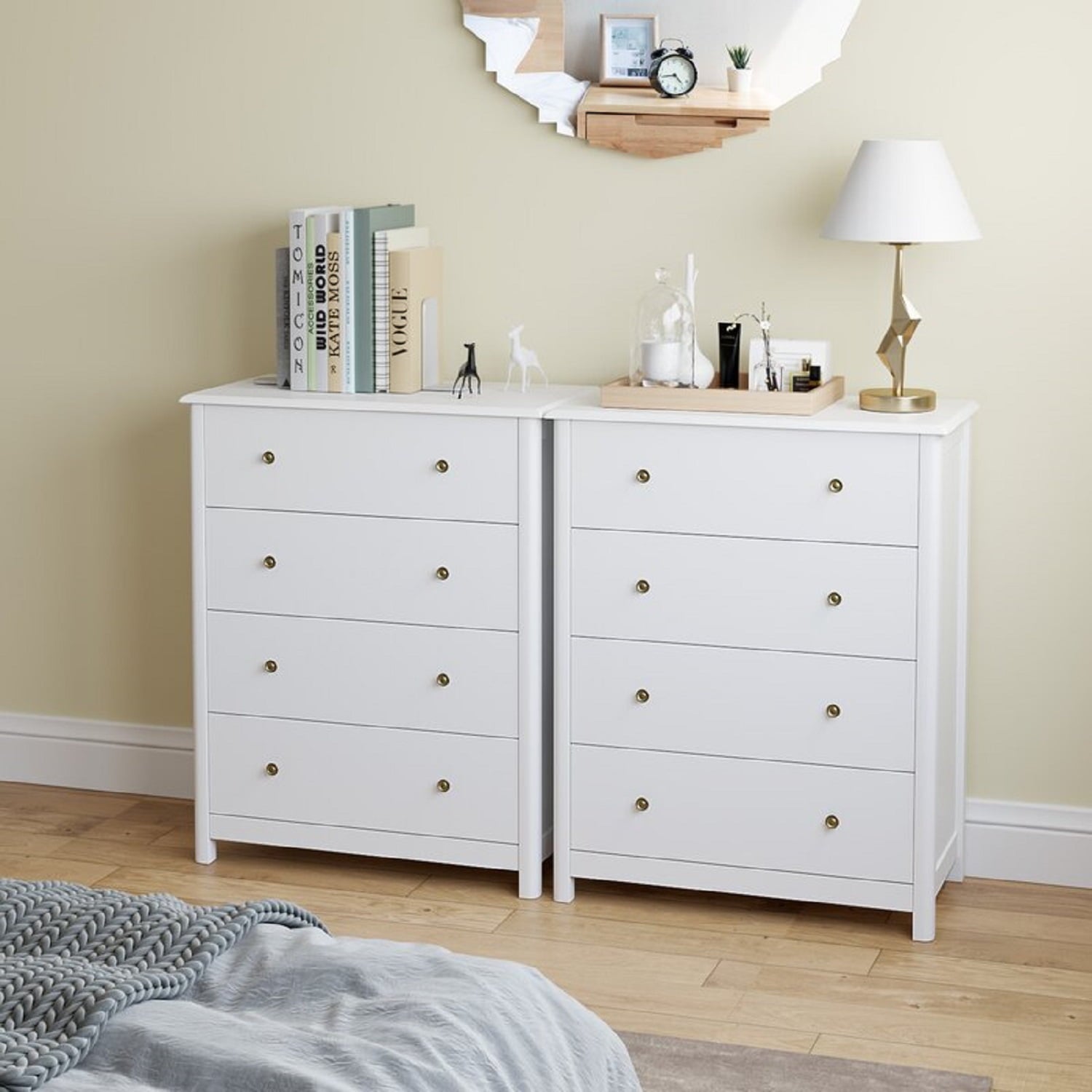 Homfa Horizontal Dresser with 4 Drawer, Wide Chest of Drawers Nightstand for Bedroom Kids Room Closet Entryway, White