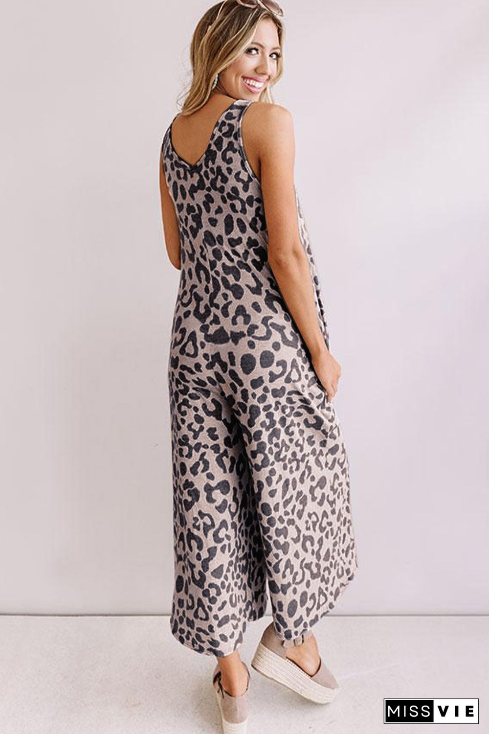 Leopard Leopard Print Pockets Wide Leg Sleeveless Jumpsuit