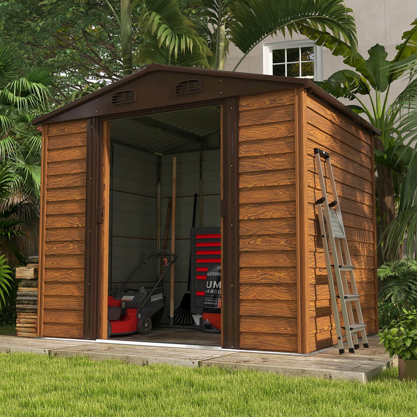 Patiowell luxurious 8 x 6 FT Wood Look Storage Shed for Outdoor, Steel Yard Shed with Design of Lockable Doors, Brown