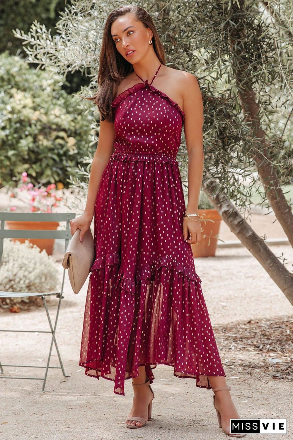 Red Polka Dot Print Ruffled Halter Neck Backless Long Dress