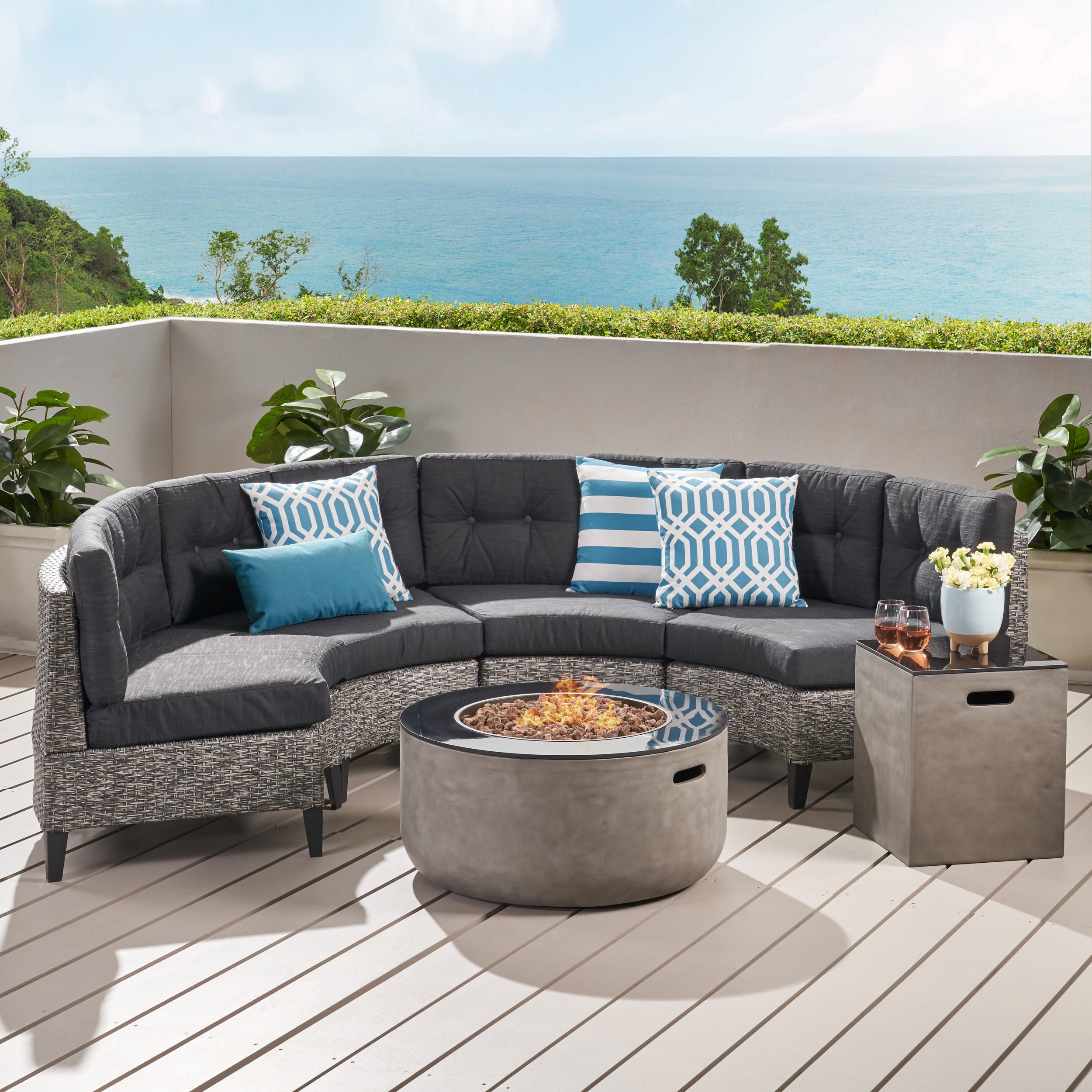 Breann Outdoor Round 4 Seater Wicker Sectional Set with Fire Pit and Tank Holder