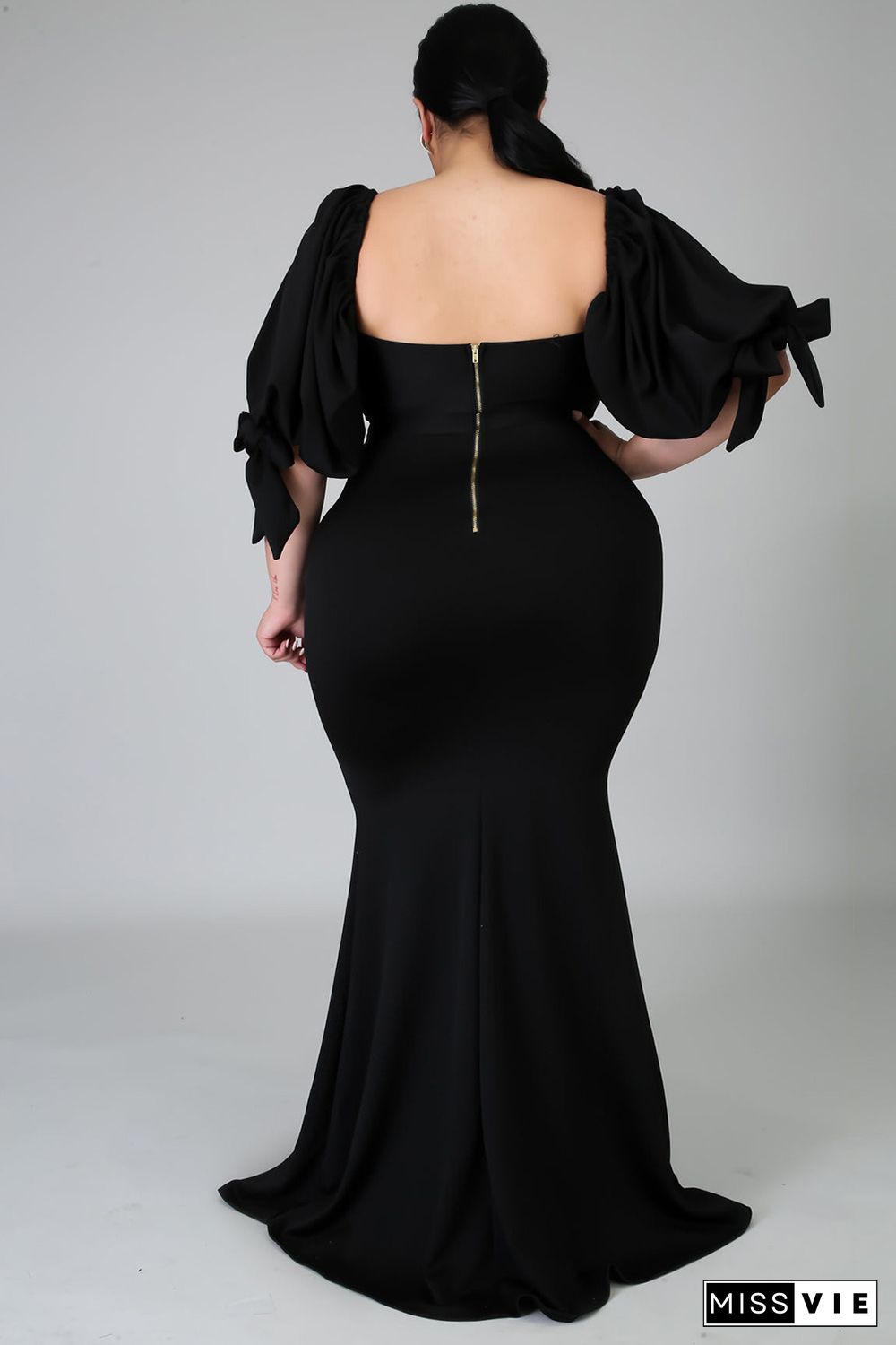 Black Bow Tie Puff Sleeve Plus Size High Slit Maxi Dress