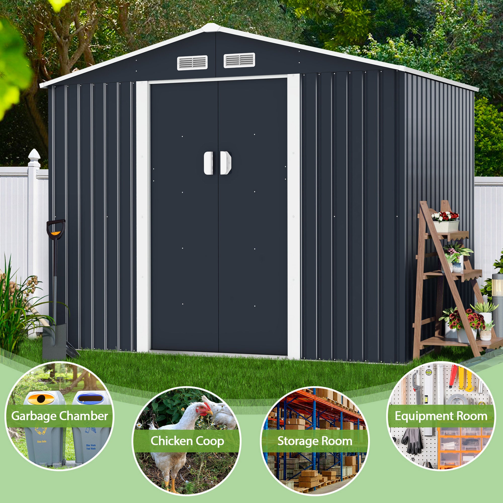 Jaxpety 6.3 x 9.1 ft Large Garden Storage Shed Galvanized Steel Outdoor Tool House with Sliding Door, Roof and 4 Vents, Dark Gray