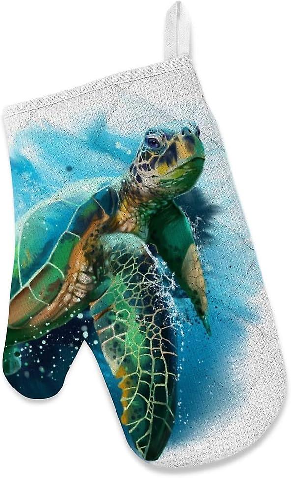 Insulation Kitchen Oven Mitts Potholder Apron 3pcs Set Big Sea Turtle Watercolor Non Slip Heat Resistant Gloves For Baking Cooking Bbq