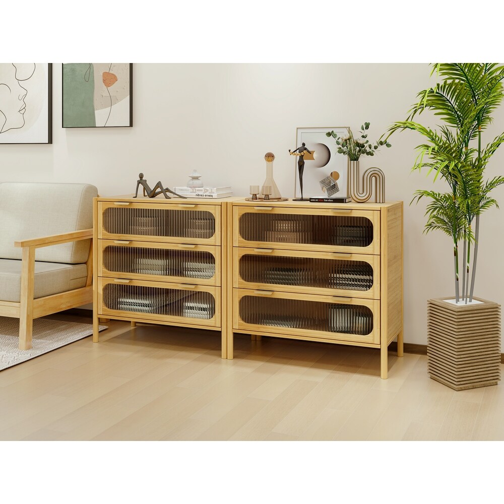 Bamboo 3 Door Cabinet  Sideboard with Glass Doors  Set of 2