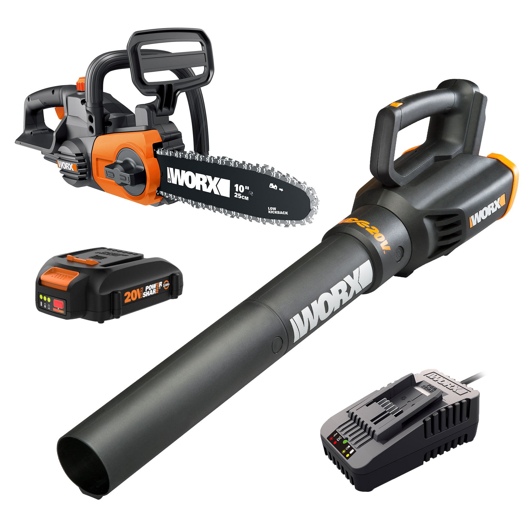 Worx WG915 Power Share 20V 10 in. Cordless Battery Chainsaw and Leaf Blower Combo Kit (Battery and Fast Charger Included)