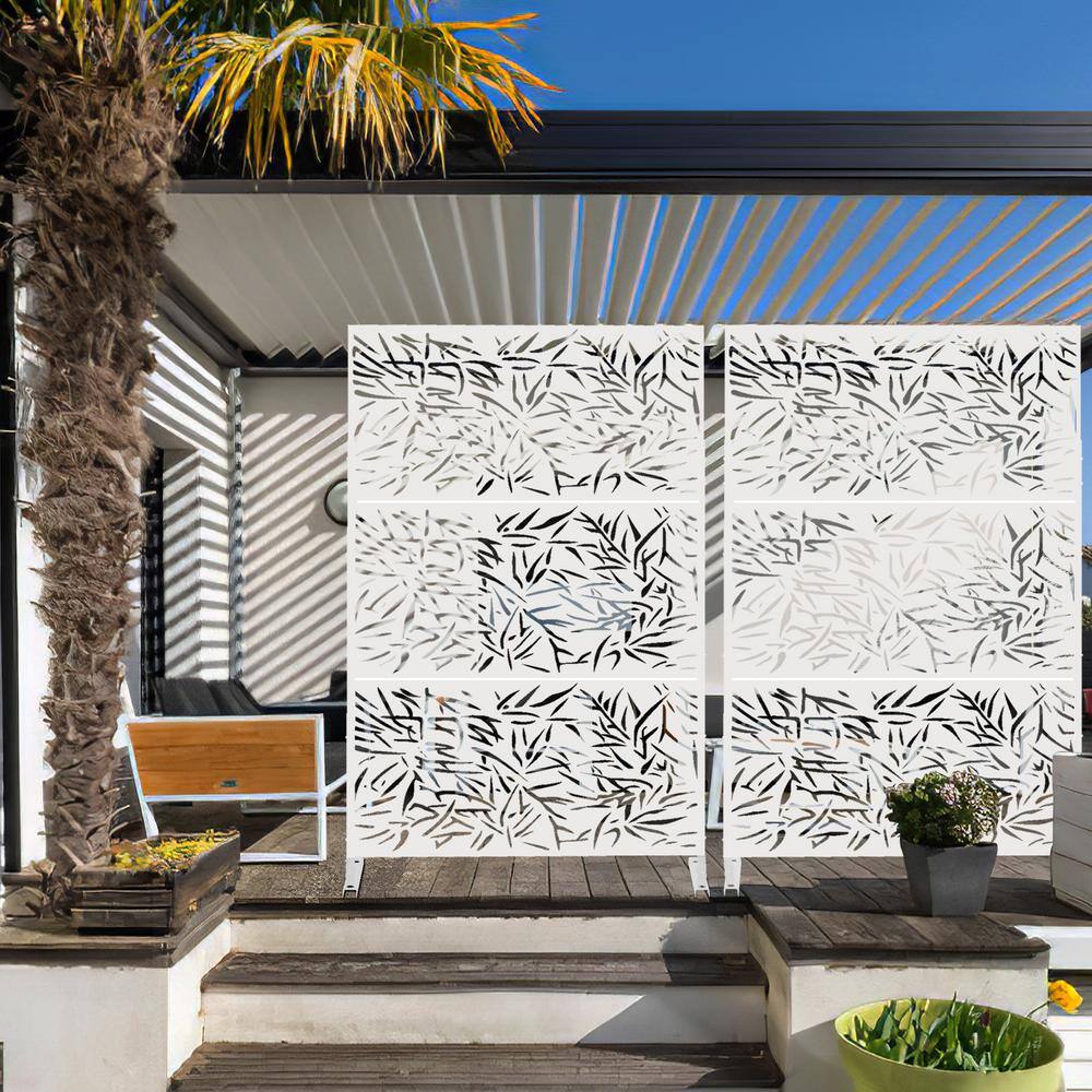 FENCY 76 in. H x 47.2 in. W Galvanized Metal Outdoor Privacy Screens Garden Fence Bamboo Leaf Pattern in White HD-A-GE04008